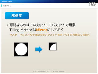 テクスチャ
©2017 SQUARE ENIX CO., LTD. All Rights Reserved.
• 可能なものは 1/4カット、1/2カットで用意
Tilling MethodはMirrorにしておく
マスターマテリアルでは全てのテクスチャをタイリング可能にしておく
解像度
 