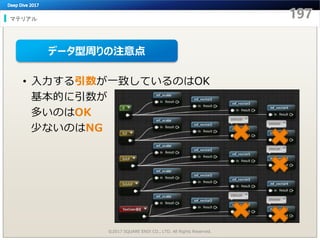 • 入力する引数が一致しているのはOK
基本的に引数が
多いのはOK
少ないのはNG
マテリアル
©2017 SQUARE ENIX CO., LTD. All Rights Reserved.
データ型周りの注意点
 