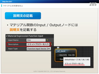 マテリアルの利便性向上
©2017 SQUARE ENIX CO., LTD. All Rights Reserved.
• マテリアル関数のInput / Outputノードには
説明文を記載する
説明文の記載
 