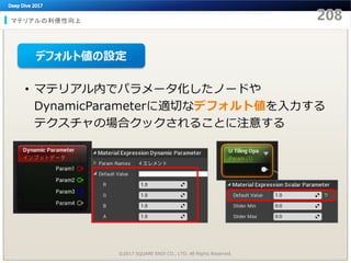 マテリアルの利便性向上
©2017 SQUARE ENIX CO., LTD. All Rights Reserved.
• マテリアル内でパラメータ化したノードや
DynamicParameterに適切なデフォルト値を入力する
テクスチャの場合クックされることに注意する
デフォルト値の設定
 