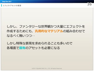 エフェクトアセットの概要
しかし、ファンタジーな世界観かつ大量にエフェクトを
作成するためにも、汎用的なマテリアルの組み合わせで
なるべく賄いつつ‥
しかし特殊な表現を求められることも多いので
各場面で固有のアセットも必要になる
©2017 SQUARE ENIX CO., LTD. All Rights Reserved.
 