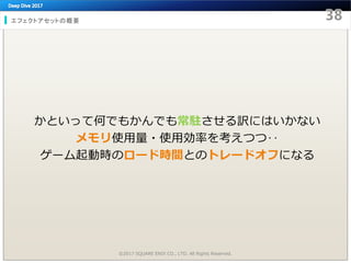 エフェクトアセットの概要
©2017 SQUARE ENIX CO., LTD. All Rights Reserved.
かといって何でもかんでも常駐させる訳にはいかない
メモリ使用量・使用効率を考えつつ‥
ゲーム起動時のロード時間とのトレードオフになる
 