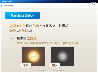 アセット管理
©2017 SQUARE ENIX CO., LTD. All Rights Reserved.
• エフェクト側から色を与えるノード構成
あり か 無し か
⇒ 基本的にあり
使用しないのは屈折マテリアルなど一部の例外のみ
Particle Color
あり 無し
 