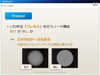 アセット管理
©2017 SQUARE ENIX CO., LTD. All Rights Reserved.
• いわゆる「フレネル」を行うノード構成
あり か 無し か
⇒ どちらのケースもある
大抵はメッシュパーティクル用途に限られる
Fresnel
あり 無し
 