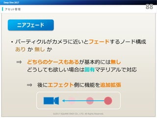 アセット管理
©2017 SQUARE ENIX CO., LTD. All Rights Reserved.
• パーティクルがカメラに近いとフェードするノード構成
あり か 無し か
⇒ どちらのケースもあるが基本的には無し
どうしても欲しい場合は固有マテリアルで対応
⇒ 後にエフェクト側に機能を追加拡張
ニアフェード
 