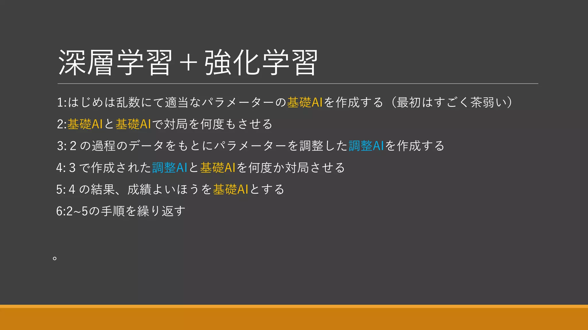 深層学習＋強化学習
1:はじめは乱数にて適当なパラメーターの基礎AIを作成する（最初はすごく茶弱い）
2:基礎AIと基礎AIで対局を何度もさせる
3:２の過程のデータをもとにパラメーターを調整した調整AIを作成する
4:３で作成された調整AIと基礎AIを何度か対局させる
5:４の結果、成績よいほうを基礎AIとする
6:2~5の手順を繰り返す
。
 