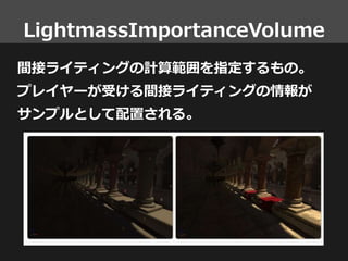 LightmassImportanceVolume
間接ライティングの計算範囲を指定するもの。
プレイヤーが受ける間接ライティングの情報が
サンプルとして配置される。
 