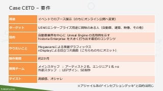 historia Inc.
Case CETD – 要件
用途 イベントでのブース展示（のちにオンライン公開へ変更）
ターゲット UE4のエンタープライズ用途に興味のある人（自動車、建築、映像、その他）
目的
自動車業界を中心に Unreal Engine の活用例を示す
historia Enterprise を大きく打ち出す最初のコンテンツ
やりたいこと
Megascansによる美麗グラフィックス
nDisplayによる目立つ大画面（こちらものちにオミット）
制作期間 約2か月
開発チーム
メインスタッフ ： アーティスト２名、エンジニア１名＋α
外部スタッフ ： UIデザイン、SE制作
テイスト 高級感、オシャレ
※アジャイル系の“インセプションデッキ”と目的は同じ
 