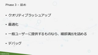 historia Inc.
Phase 3 – 詰め
• クオリティブラッシュアップ
• 最適化
• 一般ユーザーに提供するものなら、細部演出を詰める
• デバッグ
 