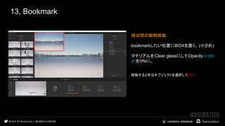 13, Bookmark
視点間の瞬間移動　 　　
 
 bookmarkしたい位置にＢＯＸを置く。 (小さめ)
マテリアルをClear glassにしてOpacity(不透明
度)を0％に。
　　　
 
移動するときはオブジェクトを選択してＦキー 
 