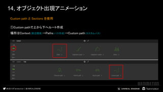 14, オブジェクト出現アニメーション
①Custom pathで上から下へルート作成  
場所はContext(周辺環境)→Paths(パス作成)→Custom path(カスタムパス) 
 
Custom path と Sections を使用  
 
 