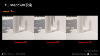 15, shadowの設定
shadow10ｍ 
 
 
shadow bias0.1 
 
shadow bias0.5 
 
shadow bias1.0 
 
 
 