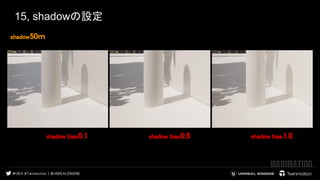 15, shadowの設定
shadow50ｍ 
 
 
shadow bias0.1 
 
shadow bias0.5 
 
shadow bias1.0 
 
 
 