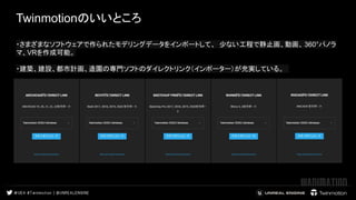 Twinmotionのいいところ
 
 
・さまざまなソフトウェアで作られたモデリングデータをインポートして、 少ない工程で静止画、動画、 360°パノラ
マ、VRを作成可能。
・建築、建設、都市計画、造園の専門ソフトのダイレクトリンク（インポーター）が充実している。
　　
 
 
 
 