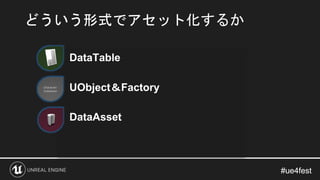 #ue4fest#ue4fest
• DataTable
• UObject＆Factory
• DataAsset
どういう形式でアセット化するか
 