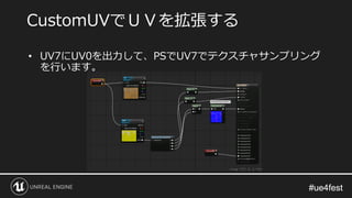 #ue4fest#ue4fest
• UV7にUV0を出力して、PSでUV7でテクスチャサンプリング
を行います。
CustomUVでＵＶを拡張する
 