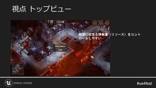 #ue4fest#ue4fest
視点 トップビュー
画面に収まる情報量（リソース）をコント
ロールしやすい
 