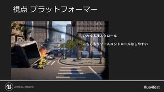 #ue4fest#ue4fest
視点 プラットフォーマー
いわゆる横スクロール
こちらもリソースコントロールはしやすい
 