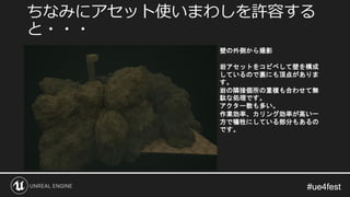 #ue4fest#ue4fest
ちなみにアセット使いまわしを許容する
と・・・
壁の外側から撮影
岩アセットをコピペして壁を構成
しているので裏にも頂点がありま
す。
岩の隣接個所の重複も合わせて無
駄な処理です。
アクター数も多い。
作業効率、カリング効率が高い一
方で犠牲にしている部分もあるの
です。
 