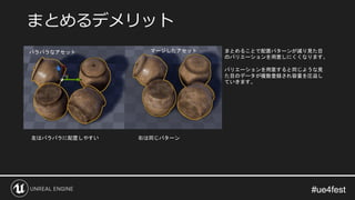 #ue4fest#ue4fest
まとめるデメリット
バラバラなアセット マージしたアセット
左はバラバラに配置しやすい 右は同じパターン
まとめることで配置パターンが減り見た目
のバリエーションを用意しにくくなります。
バリエーションを用意すると同じような見
た目のデータが複数登録され容量を圧迫し
ていきます。
 