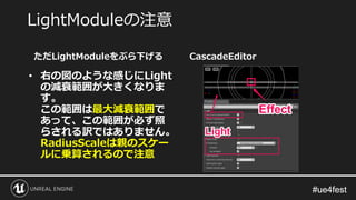 #ue4fest#ue4fest
LightModuleの注意
ただLightModuleをぶら下げる
• 右の図のような感じにLight
の減衰範囲が大きくなりま
す。
この範囲は最大減衰範囲で
あって、この範囲が必ず照
らされる訳ではありません。
RadiusScaleは親のスケー
ルに乗算されるので注意
CascadeEditor
 