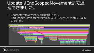 #ue4fest#ue4fest
• CharacterMovementのtickの終了でも
EndScopedMovementが呼ばれスコープから出た扱いになる
ので注意。
UpdateはEndScopedMovementまで遅
延できました。
 