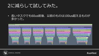 #ue4fest#ue4fest
• 長いタスクでも60us前後、以前のものは100us超えるものが
多かった。
2に減らして試してみた。
 