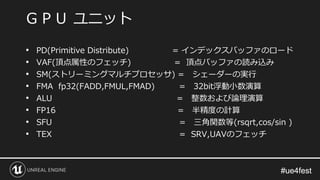 #ue4fest#ue4fest
• PD(Primitive Distribute) = インデックスバッファのロード
• VAF(頂点属性のフェッチ) = 頂点バッファの読み込み
• SM(ストリーミングマルチプロセッサ) = シェーダーの実行
• FMA fp32(FADD,FMUL,FMAD) = 32bit浮動小数演算
• ALU = 整数および論理演算
• FP16 = 半精度の計算
• SFU = 三角関数等(rsqrt,cos/sin )
• TEX = SRV,UAVのフェッチ
ＧＰＵ ユニット
 