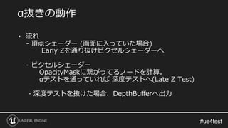 #ue4fest#ue4fest
• 流れ
- 頂点シェーダー (画面に入っていた場合)
Early Zを通り抜けピクセルシェーダーへ
- ピクセルシェーダー
OpacityMaskに繋がってるノードを計算。
αテストを通っていれば 深度テストへ(Late Z Test)
- 深度テストを抜けた場合、DepthBufferへ出力
α抜きの動作
 