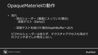 #ue4fest#ue4fest
• 流れ
- 頂点シェーダー (画面に入っていた場合)
深度テスト（EarlyZ）
- 深度テストを抜けた場合DepthBufferへ出力
ピクセルシェーダーは走らず、テクスチャアクセスも頂点で
のフェッチまでしか発生しない。
OpaqueMaterielの動作
 