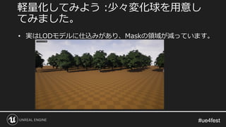 #ue4fest#ue4fest
• 実はLODモデルに仕込みがあり、Maskの領域が減っています。
軽量化してみよう :少々変化球を用意し
てみました。
 