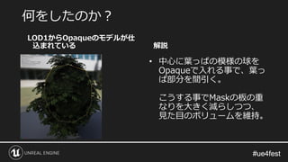 #ue4fest#ue4fest
何をしたのか？
LOD1からOpaqueのモデルが仕
込まれている 解説
• 中心に葉っぱの模様の球を
Opaqueで入れる事で、葉っ
ぱ部分を間引く。
こうする事でMaskの板の重
なりを大きく減らしつつ、
見た目のボリュームを維持。
 