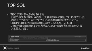 #ue4fest#ue4fest
• TEX が56.5%,SMも56.1%
上位のSOLが50%～60%、大変非効率に実行が行われている。
少なくともTextureアクセスによる制限は受けていそう。
CROPも40%と非効率な値になっているが、これは
DeferredRenderingで出力先のGBUFFERが多いため仕方な
いと思われる。
TOP SOL
 