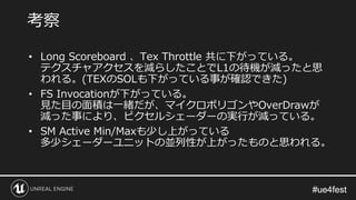 #ue4fest#ue4fest
• Long Scoreboard 、Tex Throttle 共に下がっている。
テクスチャアクセスを減らしたことでL1の待機が減ったと思
われる。(TEXのSOLも下がっている事が確認できた)
• FS Invocationが下がっている。
見た目の面積は一緒だが、マイクロポリゴンやOverDrawが
減った事により、ピクセルシェーダーの実行が減っている。
• SM Active Min/Maxも少し上がっている
多少シェーダーユニットの並列性が上がったものと思われる。
考察
 