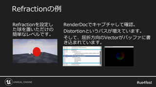 #ue4fest#ue4fest
Refractionを設定し
た球を置いただけの
簡単なレベルです。
Refractionの例
RenderDocでキャプチャして確認。
Distortionというパスが増えています。
そして、屈折方向のVectorがバッファに書
き込まれています。
 