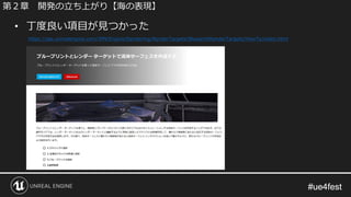 #ue4fest#ue4fest
• 丁度良い項目が見つかった
https://api.unrealengine.com/JPN/Engine/Rendering/RenderTargets/BlueprintRenderTargets/HowTo/index.html
第２章 開発の立ち上がり【海の表現】
 