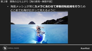 #ue4fest#ue4fest
• 海面メッシュが常にカメラにあわせて移動回転拡縮を行うため
どこまでも海が広がって見えるように
第２章 開発の立ち上がり【海の表現～無限平面】
 