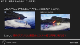 #ue4fest#ue4fest
α版のプレイアブルキャラクターは画面内に１体のみ
（戦闘中に交代は可能）
しかし、原作アプリでは画面内に３人一組で同時に戦える！
第３章 開発を進める中で【仕様変更】
 
