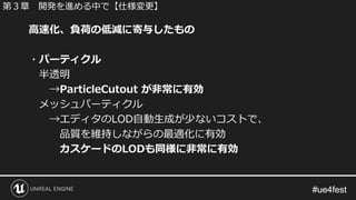 #ue4fest#ue4fest
高速化、負荷の低減に寄与したもの
・パーティクル
半透明
→ParticleCutout が非常に有効
メッシュパーティクル
→エディタのLOD自動生成が少ないコストで、
品質を維持しながらの最適化に有効
カスケードのLODも同様に非常に有効
第３章 開発を進める中で【仕様変更】
 