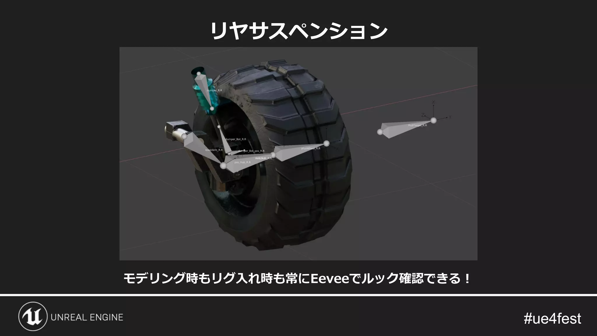 #ue4fest#ue4fest
リヤサスペンション
モデリング時もリグ入れ時も常にEeveeでルック確認できる！
 