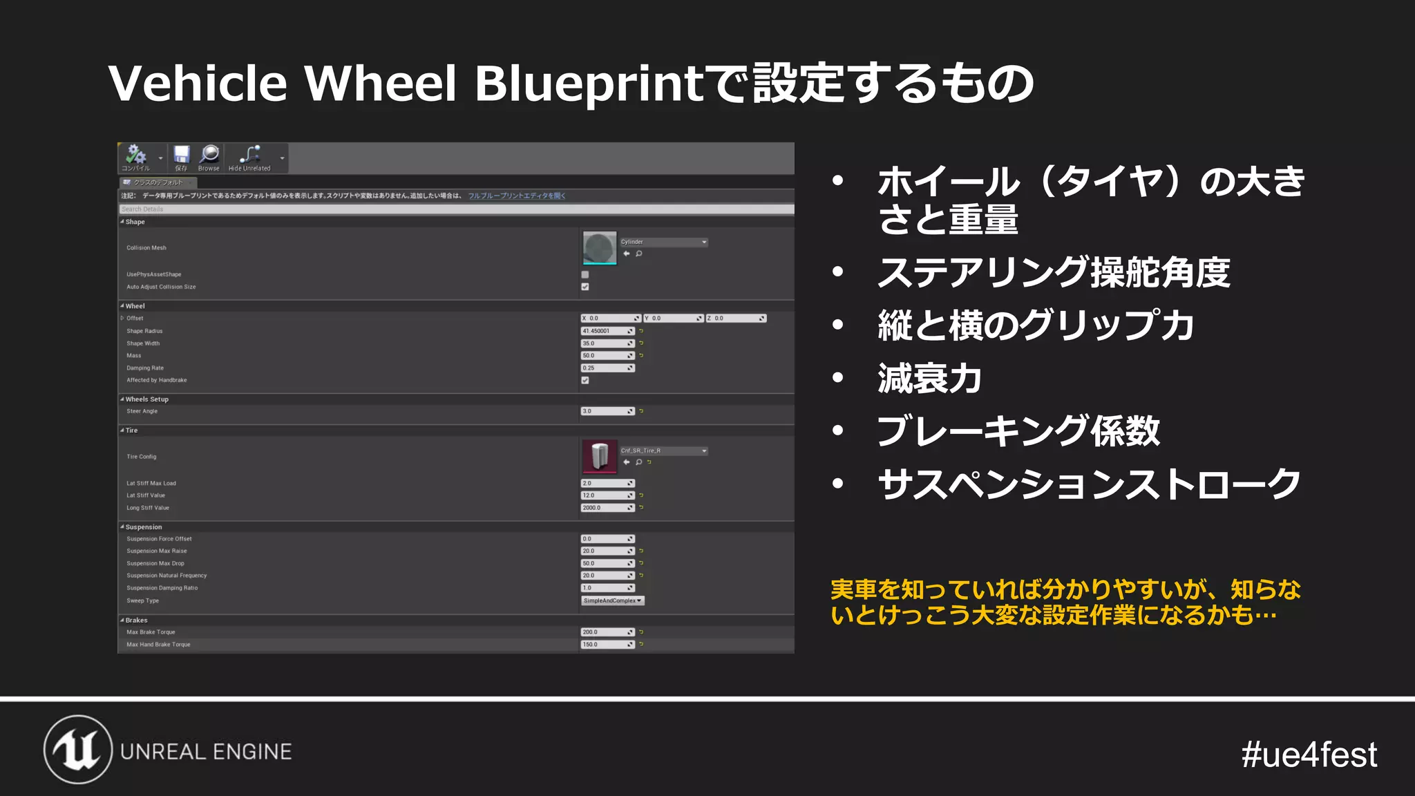 #ue4fest#ue4fest
Vehicle Wheel Blueprintで設定するもの
• ホイール（タイヤ）の大き
さと重量
• ステアリング操舵角度
• 縦と横のグリップ力
• 減衰力
• ブレーキング係数
• サスペンションストローク
実車を知っていれば分かりやすいが、知らな
いとけっこう大変な設定作業になるかも…
 