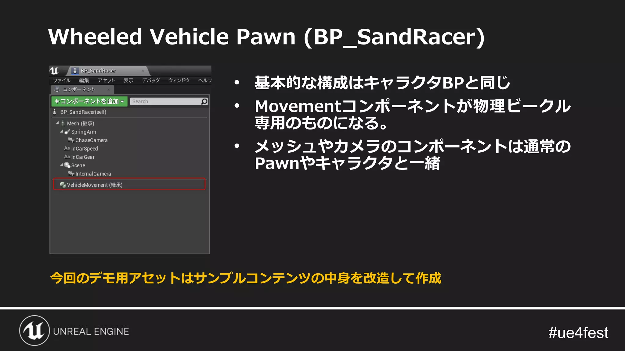 #ue4fest#ue4fest
Wheeled Vehicle Pawn (BP_SandRacer)
• 基本的な構成はキャラクタBPと同じ
• Movementコンポーネントが物理ビークル
専用のものになる。
• メッシュやカメラのコンポーネントは通常の
Pawnやキャラクタと一緒
今回のデモ用アセットはサンプルコンテンツの中身を改造して作成
 