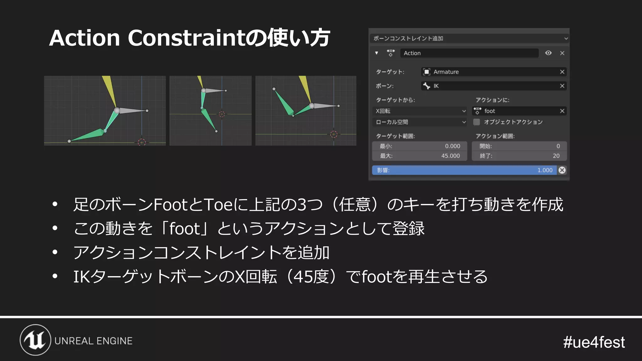#ue4fest#ue4fest
Action Constraintの使い方
• 足のボーンFootとToeに上記の3つ（任意）のキーを打ち動きを作成
• この動きを「foot」というアクションとして登録
• アクションコンストレイントを追加
• IKターゲットボーンのX回転（45度）でfootを再生させる
 