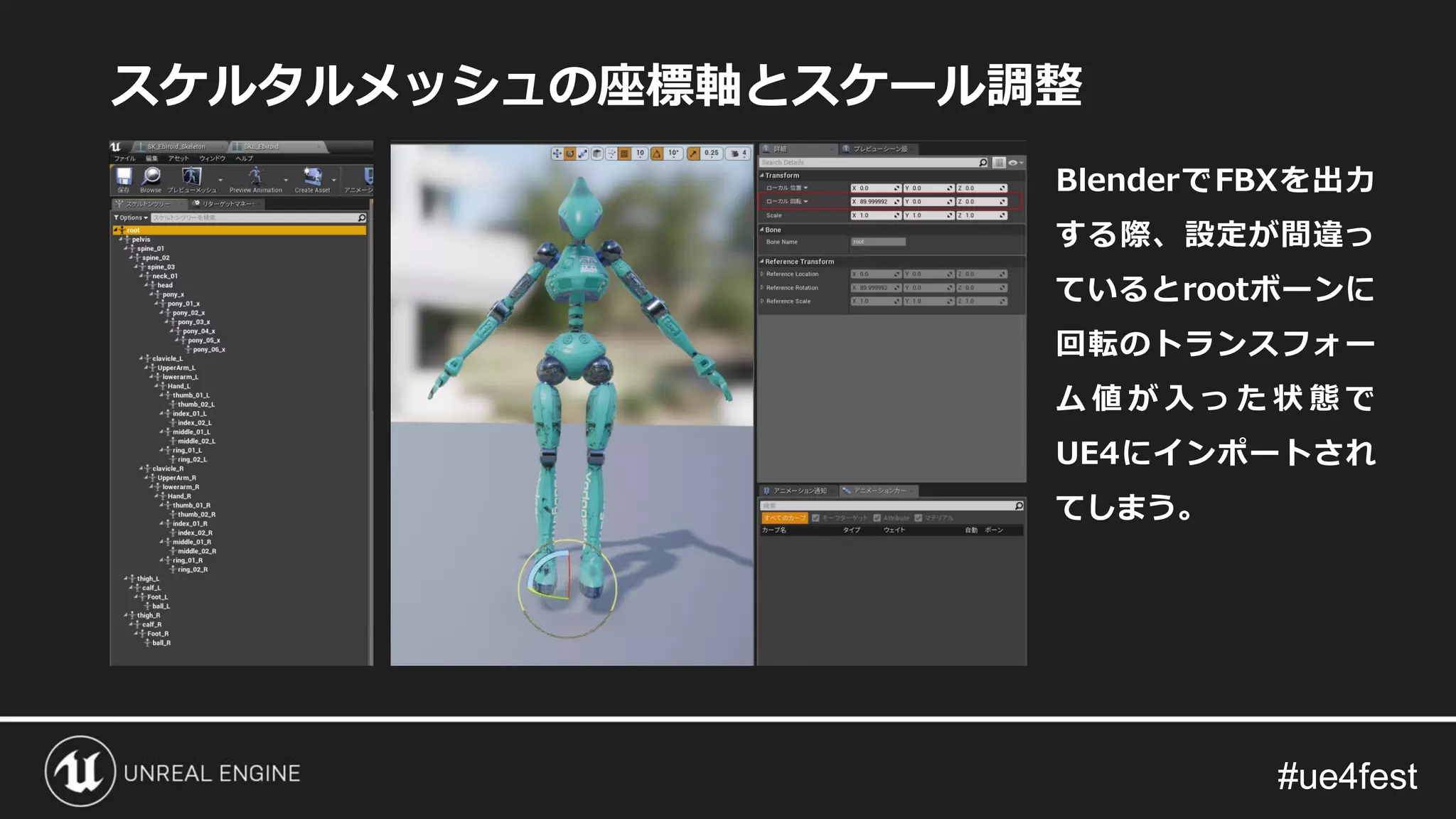#ue4fest#ue4fest
スケルタルメッシュの座標軸とスケール調整
BlenderでFBXを出力
する際、設定が間違っ
ているとrootボーンに
回転のトランスフォー
ム 値 が 入 っ た 状 態 で
UE4にインポートされ
てしまう。
 