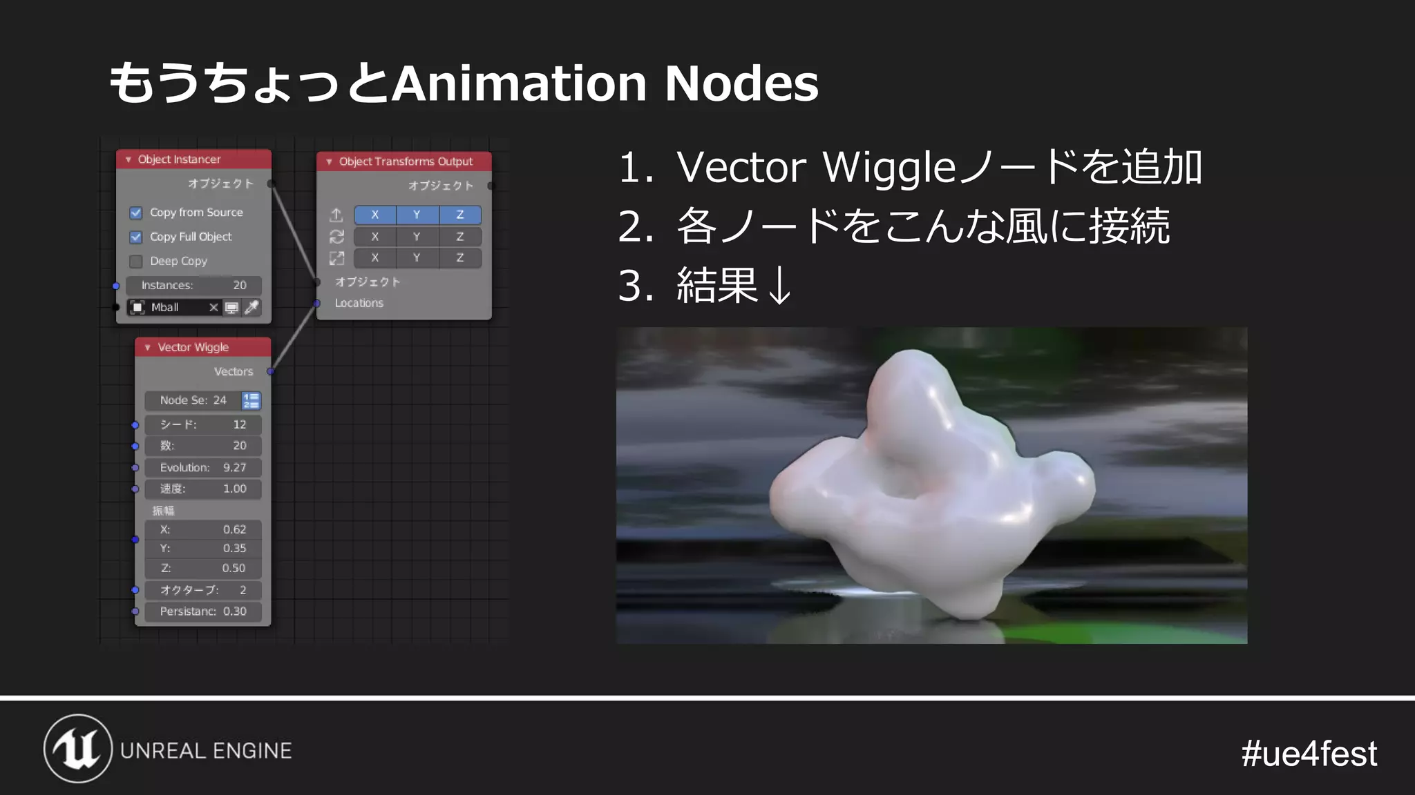 #ue4fest#ue4fest
もうちょっとAnimation Nodes
1. Vector Wiggleノードを追加
2. 各ノードをこんな風に接続
3. 結果↓
 