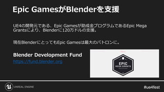 #ue4fest#ue4fest
UE4の開発元である、Epic Gamesが助成金プログラムであるEpic Mega
Grantsにより、Blenderに120万ドルの支援。
現在BlenderにとってもEpic Gamesは最大のパトロンに。
Blender Development Fund
https://fund.blender.org
Epic GamesがBlenderを支援
 