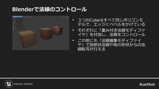 #ue4fest#ue4fest
Blenderで法線のコントロール
• ３つのCubeはすべて同じポリゴンモ
デルで、エッジにベベルをかけている
• それぞれに「重み付き法線モディファ
イヤ」を付加し、法線をコントロール
• この他にも「法線編集モディファイ
ヤ」で放射状法線や他の形状からの法
線転写が行える
 
