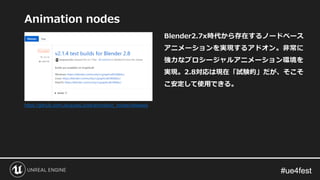 #ue4fest#ue4fest
Animation nodes
Blender2.7x時代から存在するノードベース
アニメーションを実現するアドオン。非常に
強力なプロシージャルアニメーション環境を
実現。2.8対応は現在「試験的」だが、そこそ
こ安定して使用できる。
https://github.com/JacquesLucke/animation_nodes/releases
 