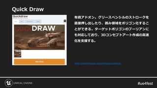 #ue4fest#ue4fest
Quick Draw
有償アドオン。グリースペンシルのストロークを
直接押し出したり、囲み領域をポリゴン化するこ
とができる。ターゲットポリゴンのブーリアンに
も対応しており、3Dコンセプトアート作成の高速
化を支援する。
https://blendermarket.com/products/quickdraw
 
