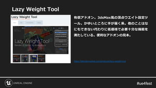 #ue4fest#ue4fest
Lazy Weight Tool
有償アドオン。3dsMax風の頂点ウエイト設定ツ
ール。かゆいところに手が届く系。他のことはな
にもできない代わりに低価格で必要十分な機能を
満たしている。便利なアドオンの見本。
https://blendermarket.com/products/lazy-weight-tool
 